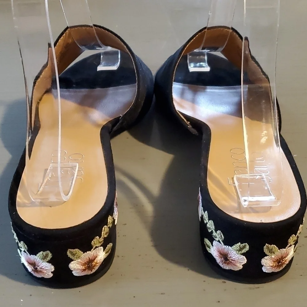 Franco Sarto-  Slides sandal Black Suede embroidered heels slip on women's 7.5